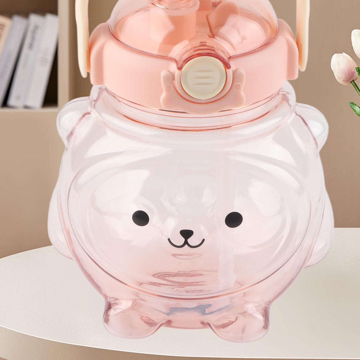 Large Water Bottle 1000ml Cartoon Bear Shape Portable Drinking Bottle with Straw Strap for Summer Pink