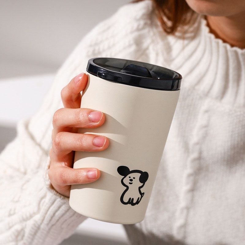 Insulated Cup Vacuum with Lid Frosted Stainless Steel Small Accompanying Thermal for Coffee Water Cute Puppy Pattern 360ml