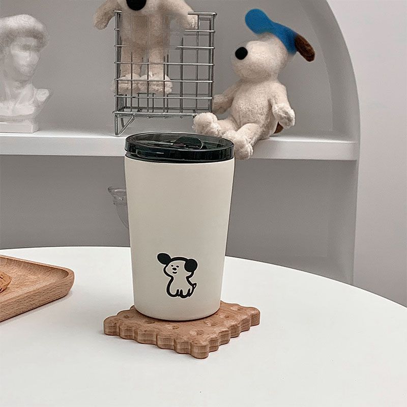Insulated Cup Vacuum with Lid Frosted Stainless Steel Small Accompanying Thermal for Coffee Water Cute Puppy Pattern 360ml