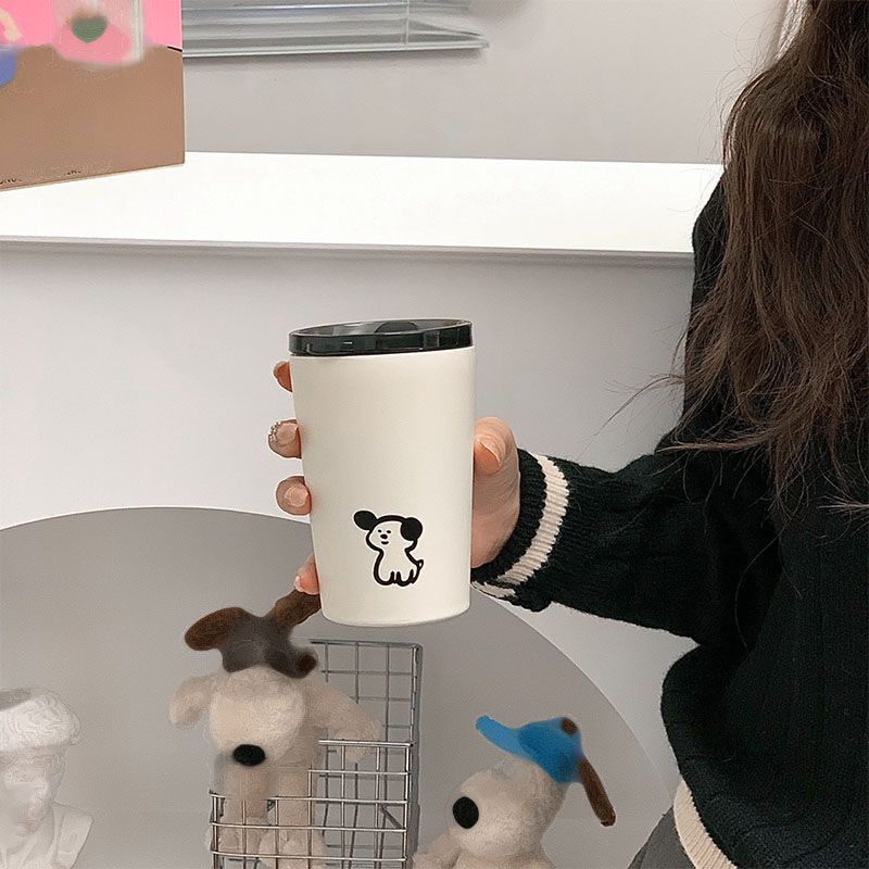 Insulated Cup Vacuum with Lid Frosted Stainless Steel Small Accompanying Thermal for Coffee Water Cute Puppy Pattern 360ml