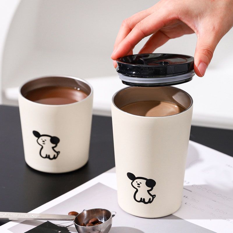 Insulated Cup Vacuum with Lid Frosted Stainless Steel Small Accompanying Thermal for Coffee Water Cute Puppy Pattern 360ml