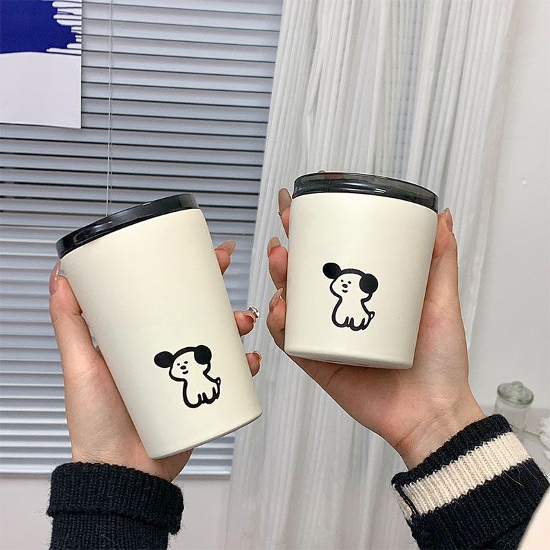 Insulated Cup Vacuum with Lid Frosted Stainless Steel Small Accompanying Thermal for Coffee Water Cute Puppy Pattern 360ml