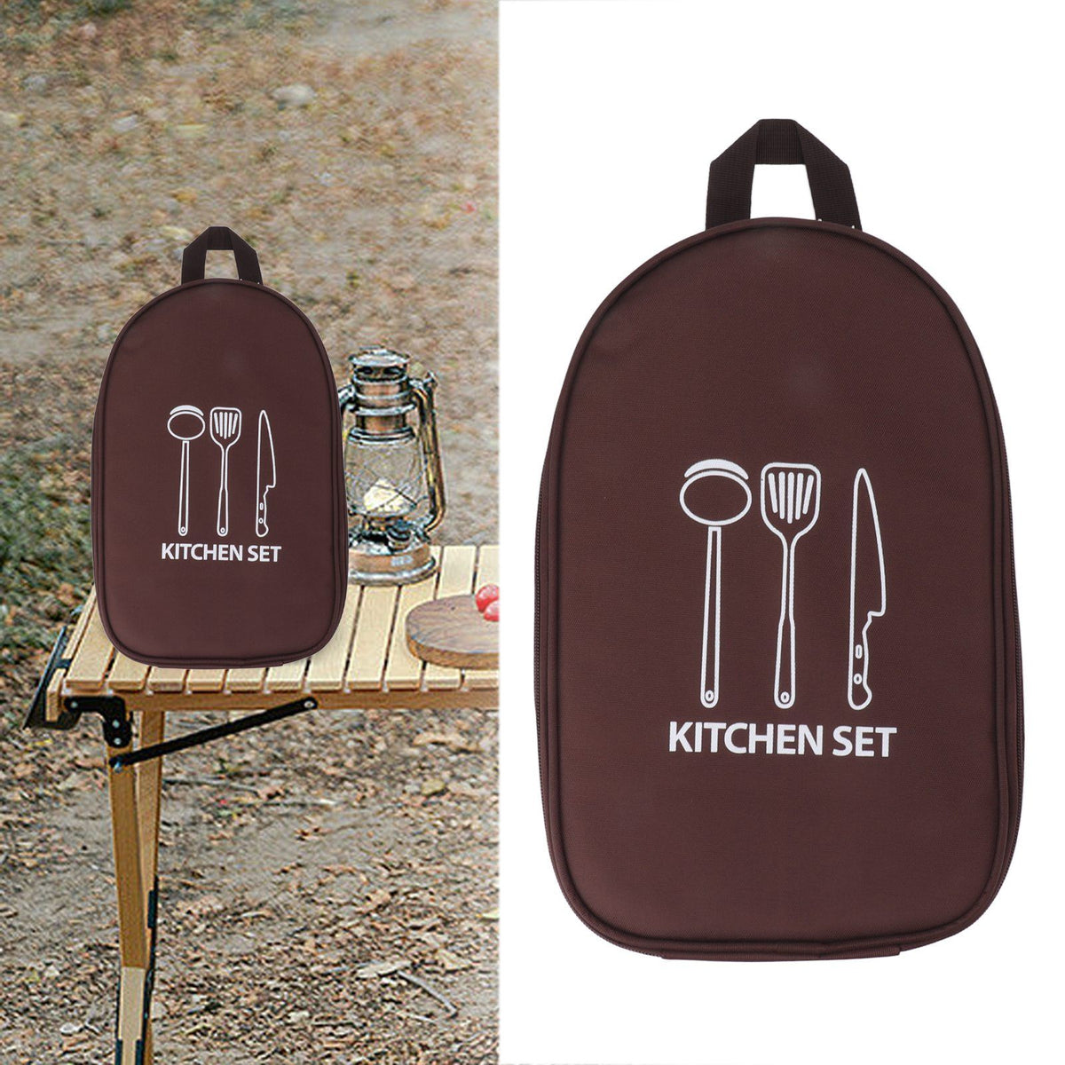 Camping Travel Cooking Utensils Bag Travel Cookware Pouch Bag with Handle for BBQ Camp Cookware Kitchen Kit Brown