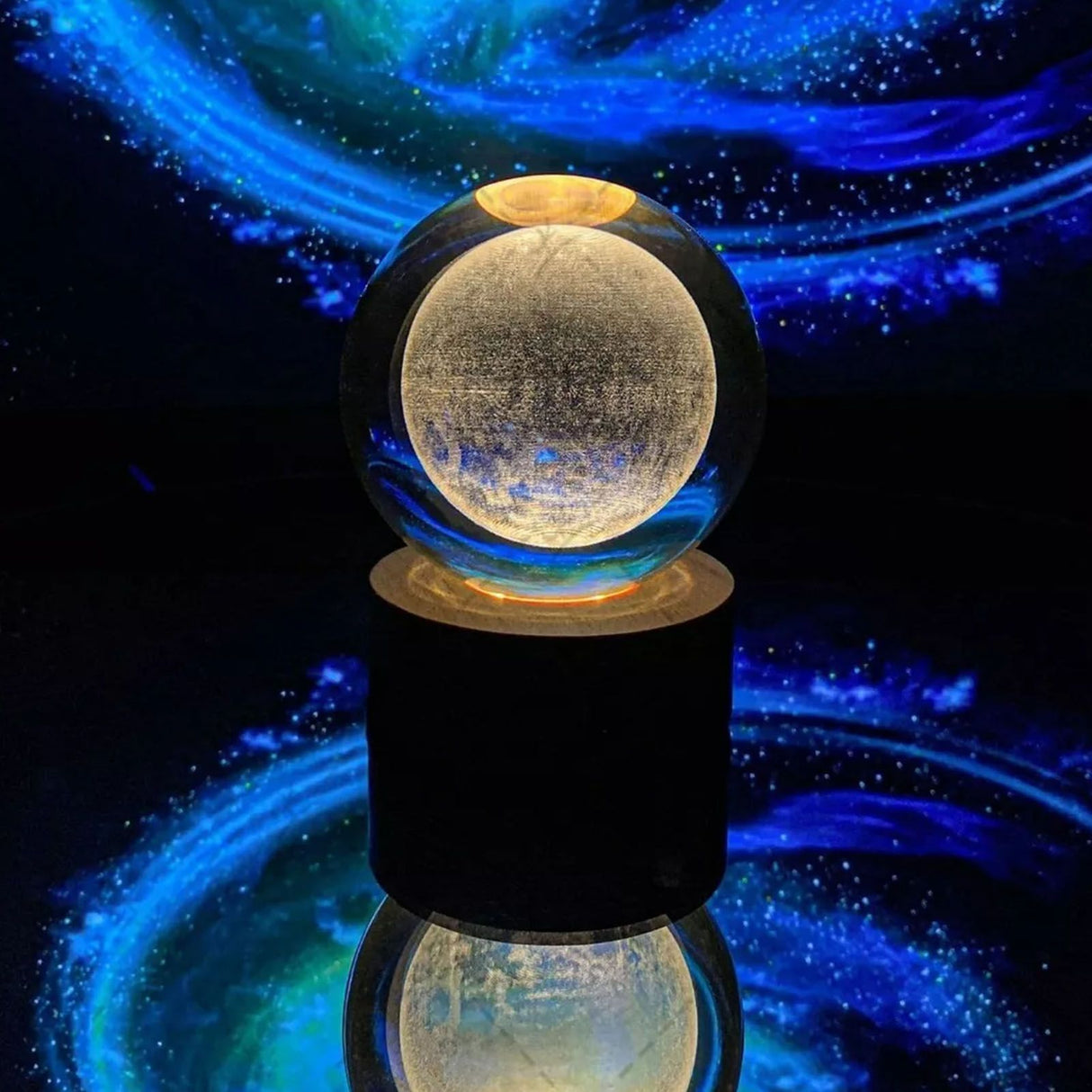 Crystal Ball Night Light 3D Engraving Technology Clear Pattern Soft Light USB Interface Wooden Base for Decoration