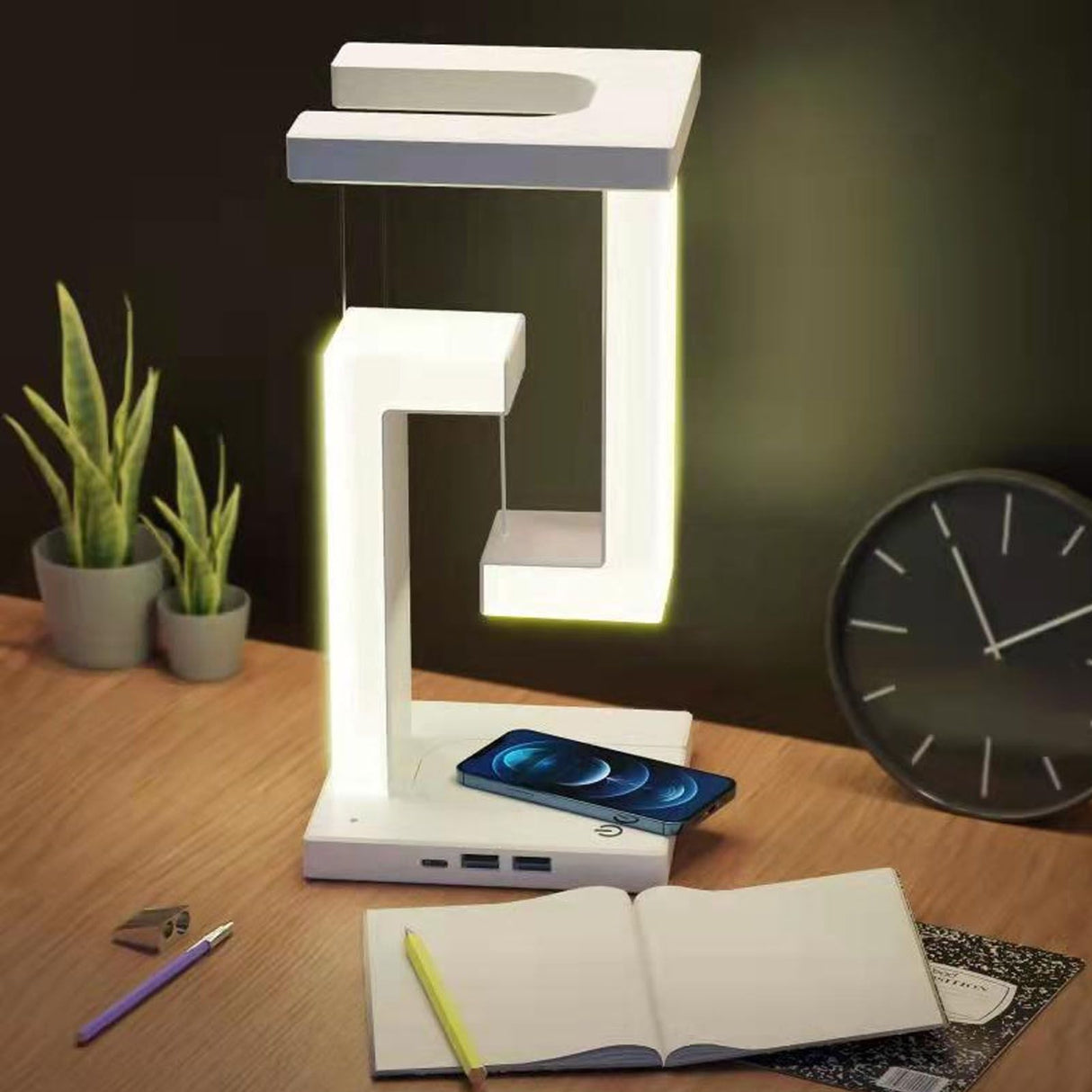 Magnetic Levitation Night Light 3 Gears Touching Switch LED Table Lamp with Phone Wireless Charging White
