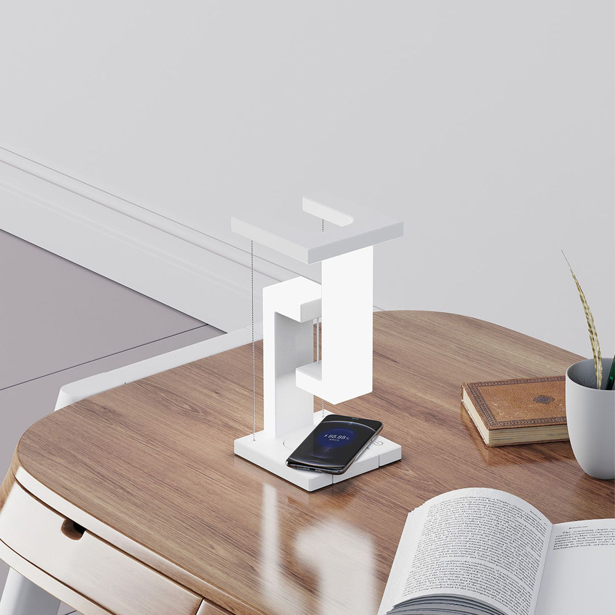 Magnetic Levitation Night Light 3 Gears Touching Switch LED Table Lamp with Phone Wireless Charging White