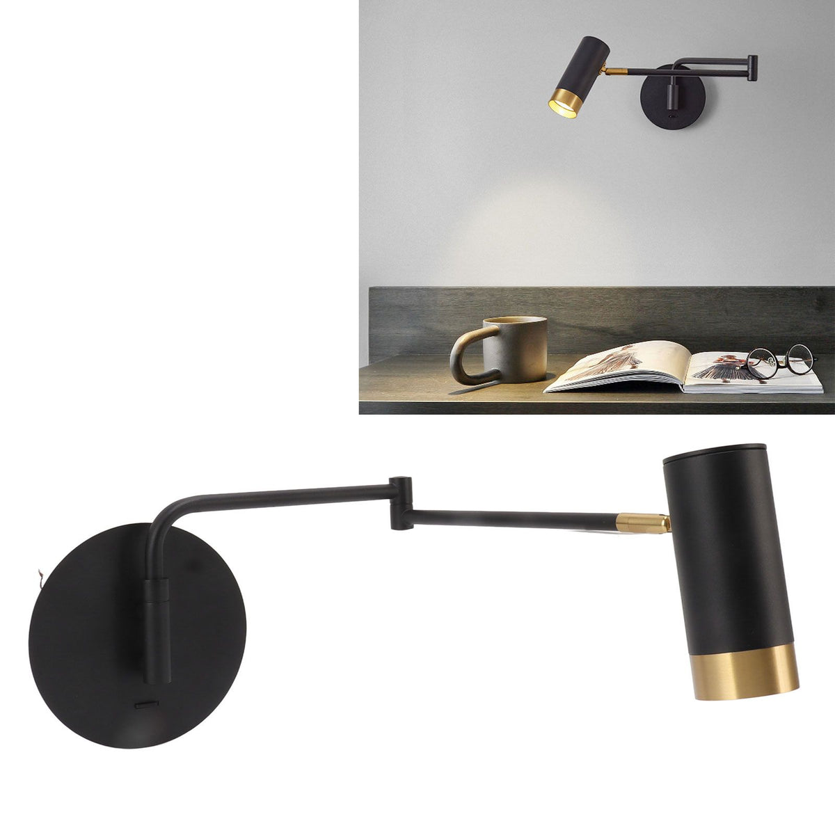 Swing Arm Wall Lamp Wall Mounted Bedside Lamps with Adjustable Swing Arms for Bedroom Living Room Reading Black