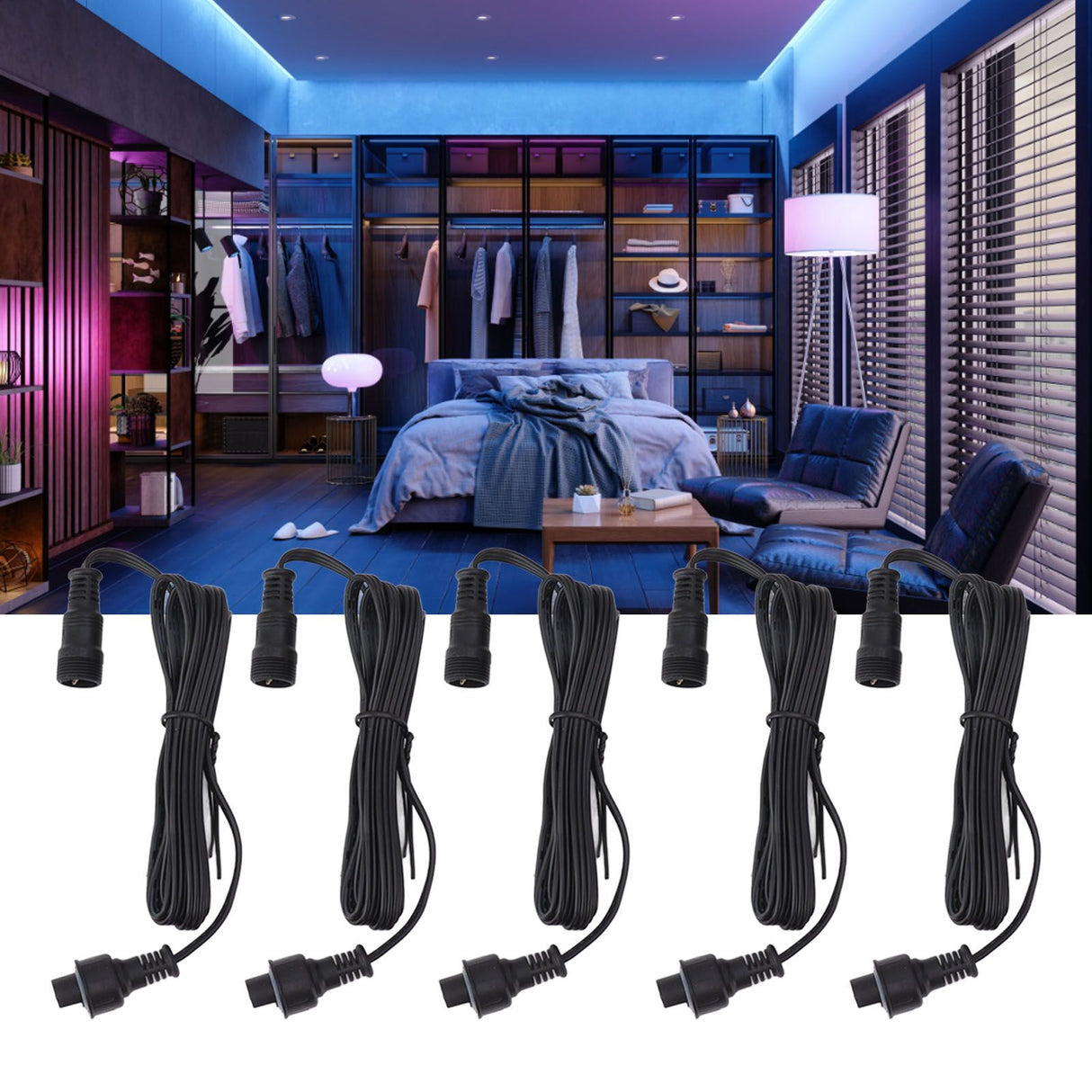 5pcs 4.9ft Deck Light Extension Cable IP67 Waterproof Extension Cord with Male and Female 3Pin Connectors for Outdoor