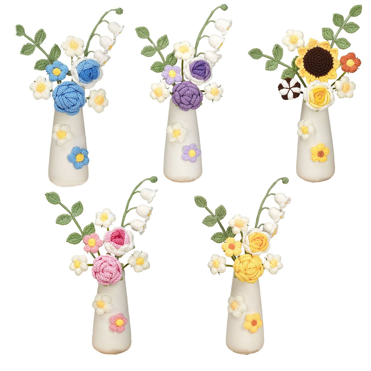 Simulation Woolen Flower Handmade Knitting Artificial Flower Crochet Knitted Flower with Ceramic Vase Table Flower Gift