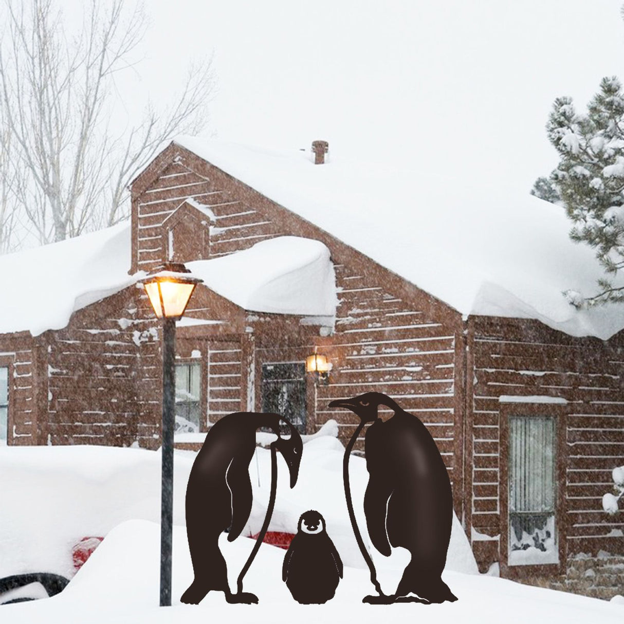 Penguin Family Stake Statue Simulation Vivid Hollow Iron Animal Stake Decoration for Garden Lawn Yard