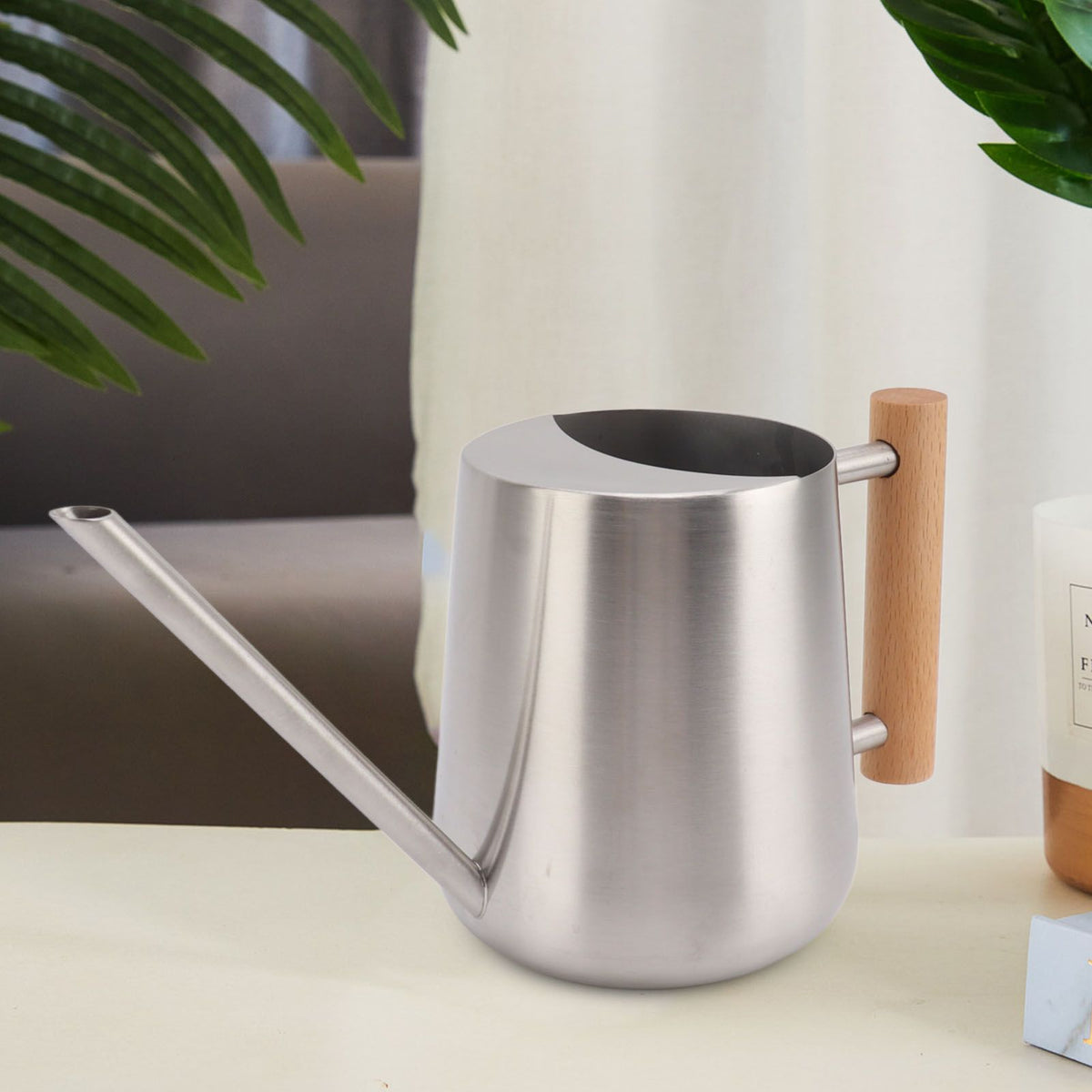 Watering Can 900ml Stainless Steel Long Spout Wooden Handle Elegant Flower Watering Pot for Garden Family Outdoor Silver Color