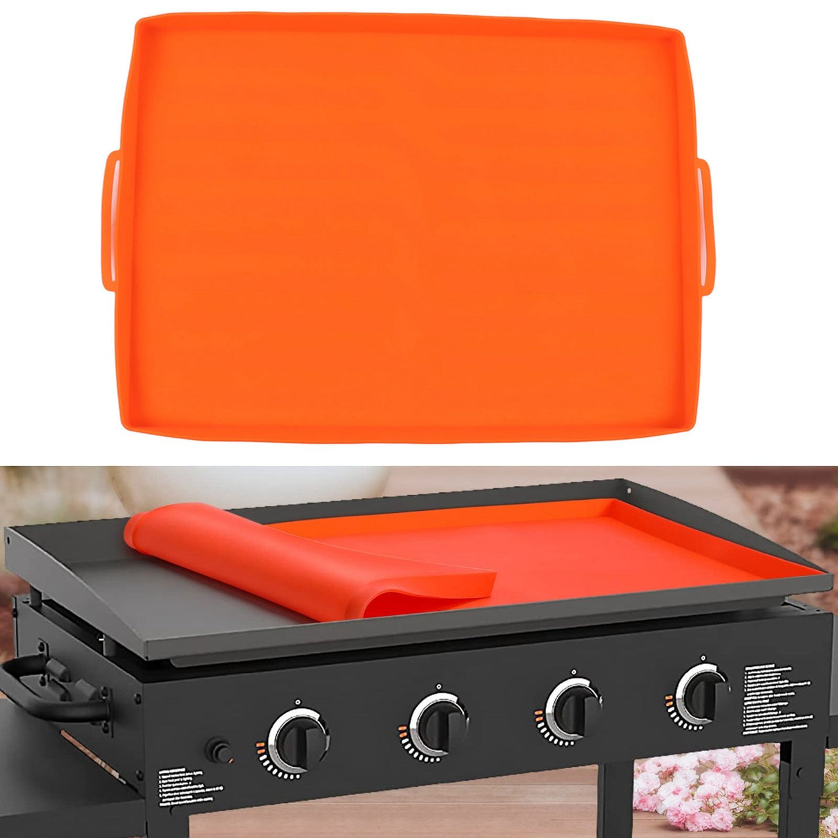 Griddle Mat Silicone Grill Cover Protective Grill Cover BBQ Grill Mat for Outdoor Cooking 22in Orange Handle