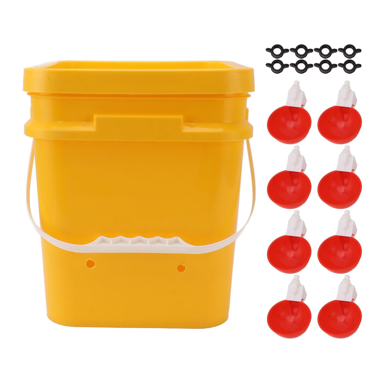 Automatic Chicken Waterer Cup with 12L Handheld Barrel Poultry Drinking Equipemnt for Goose Duck Bucket + Big Red Bowl + Black Screws