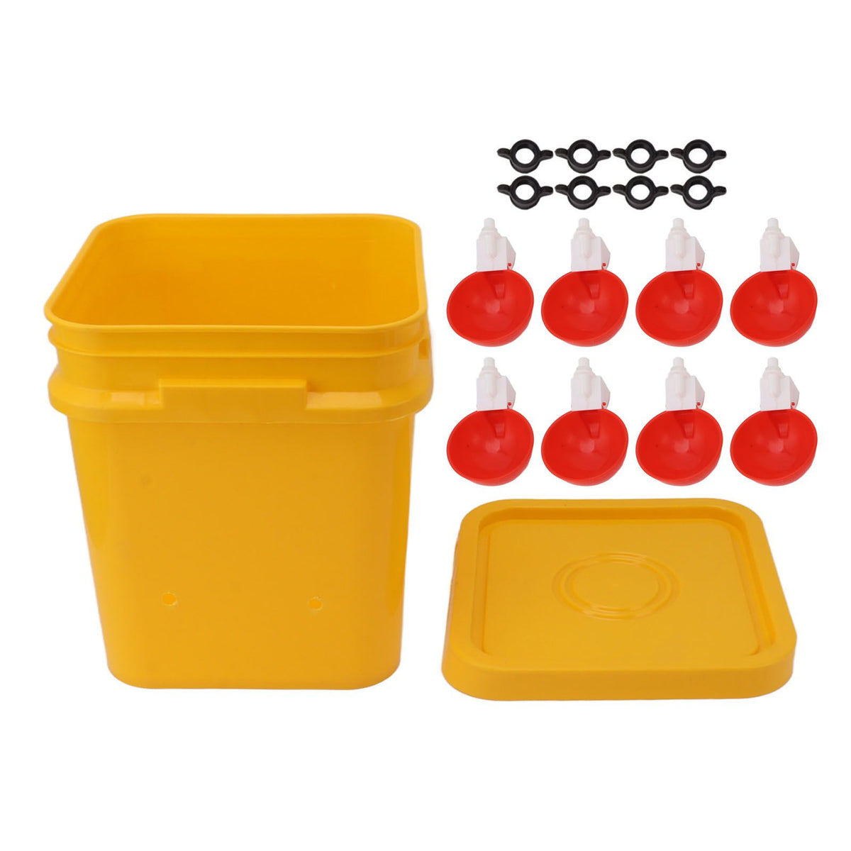 Automatic Chicken Waterer Cup with 12L Handheld Barrel Poultry Drinking Equipemnt for Goose Duck Bucket + Big Red Bowl + Black Screws