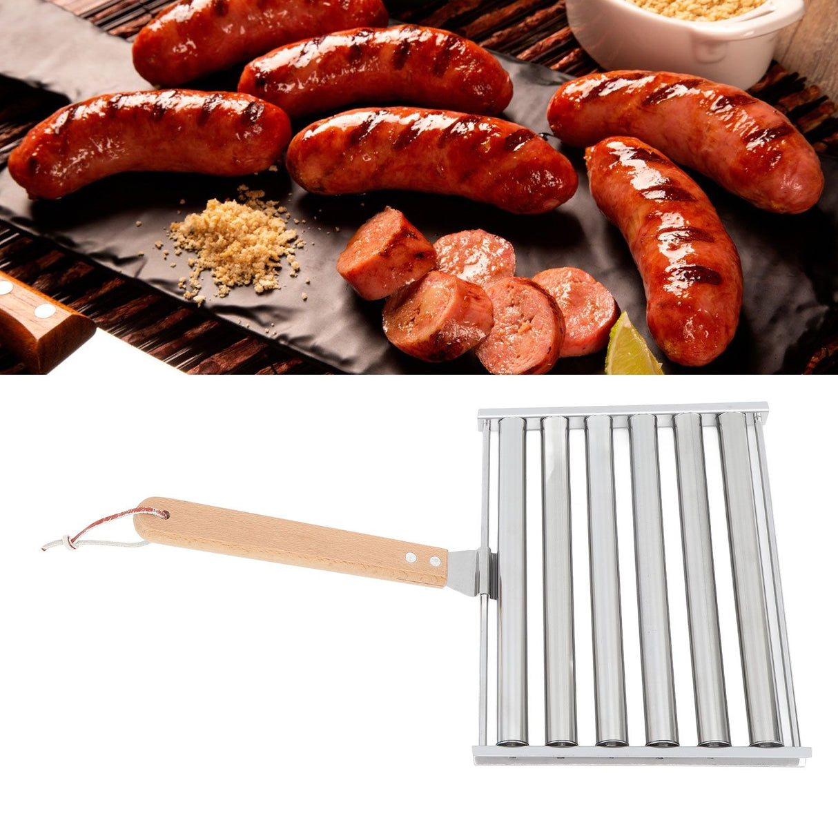 Detachable Stainless Steel Hot Dog Sausage Roller Rack Steamer With Extra Long Wood Handle 4 Skewers 6 Stick Design BBQ Tools S