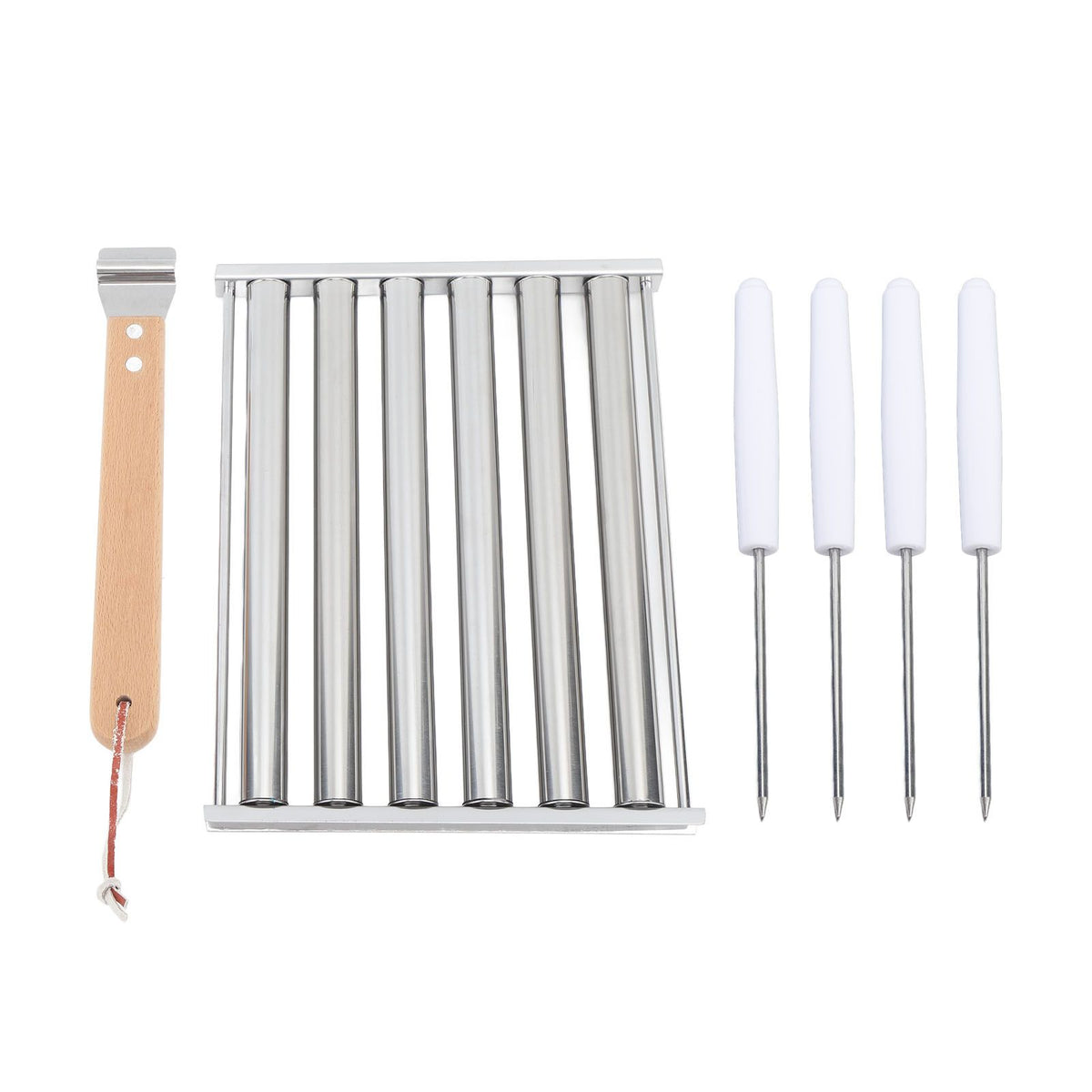 Detachable Stainless Steel Hot Dog Sausage Roller Rack Steamer With Extra Long Wood Handle 4 Skewers 6 Stick Design BBQ Tools M