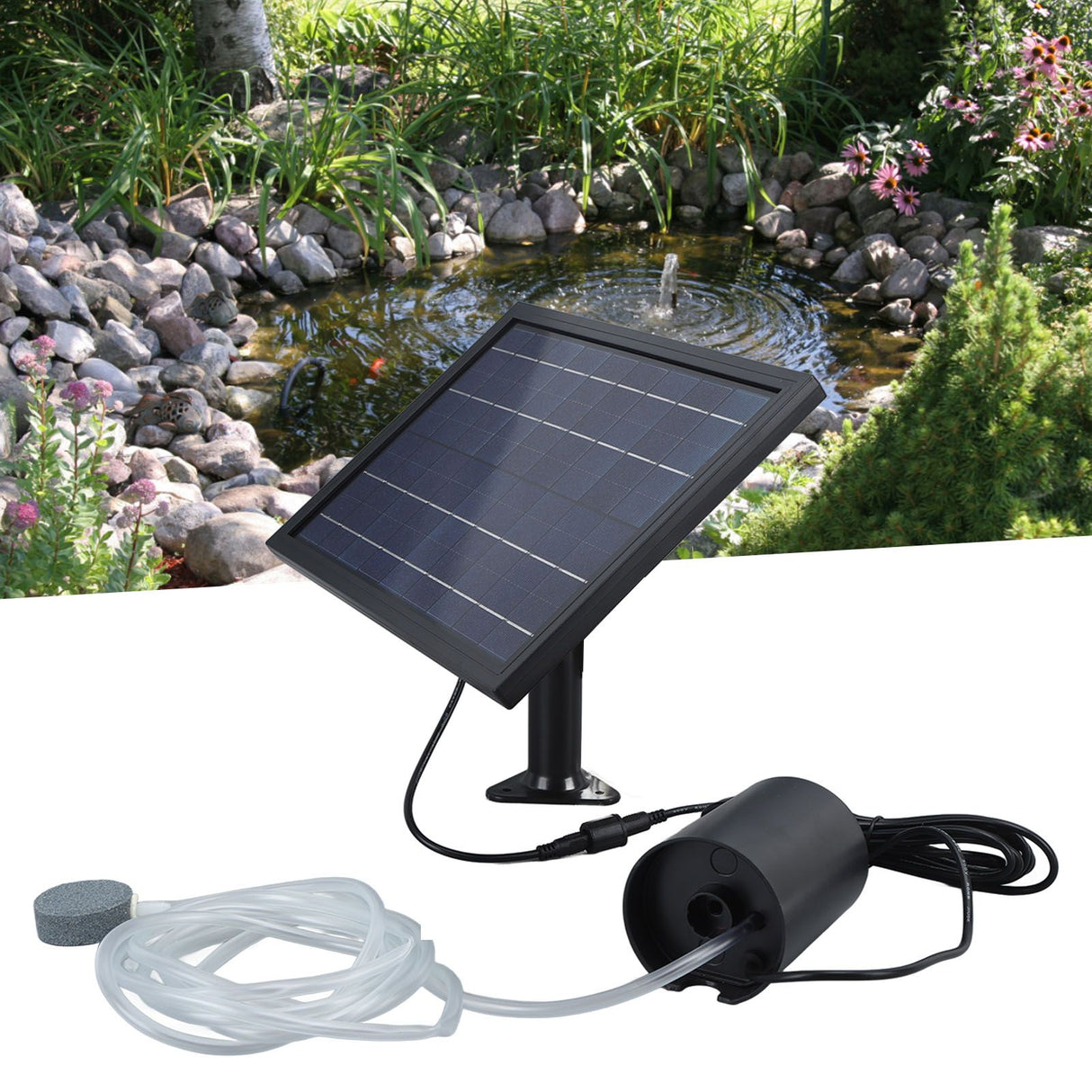 Solar Air Pump with 2 Bubble Stones with Hose 8W 10V 2400mAh ABS and Polysilicon Solar Oxygen Pump for Pond Pool