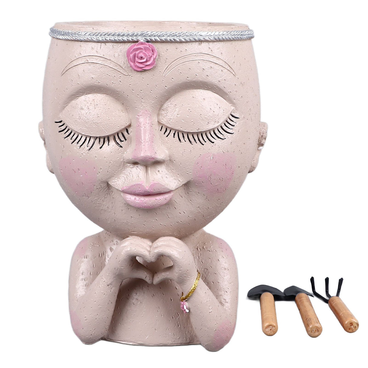 Face Planter Pot Resin Love Style Lady Head Succulent Planter Women Face Flower Pot with Drainage Hole Spades for Indoor Outdoor White