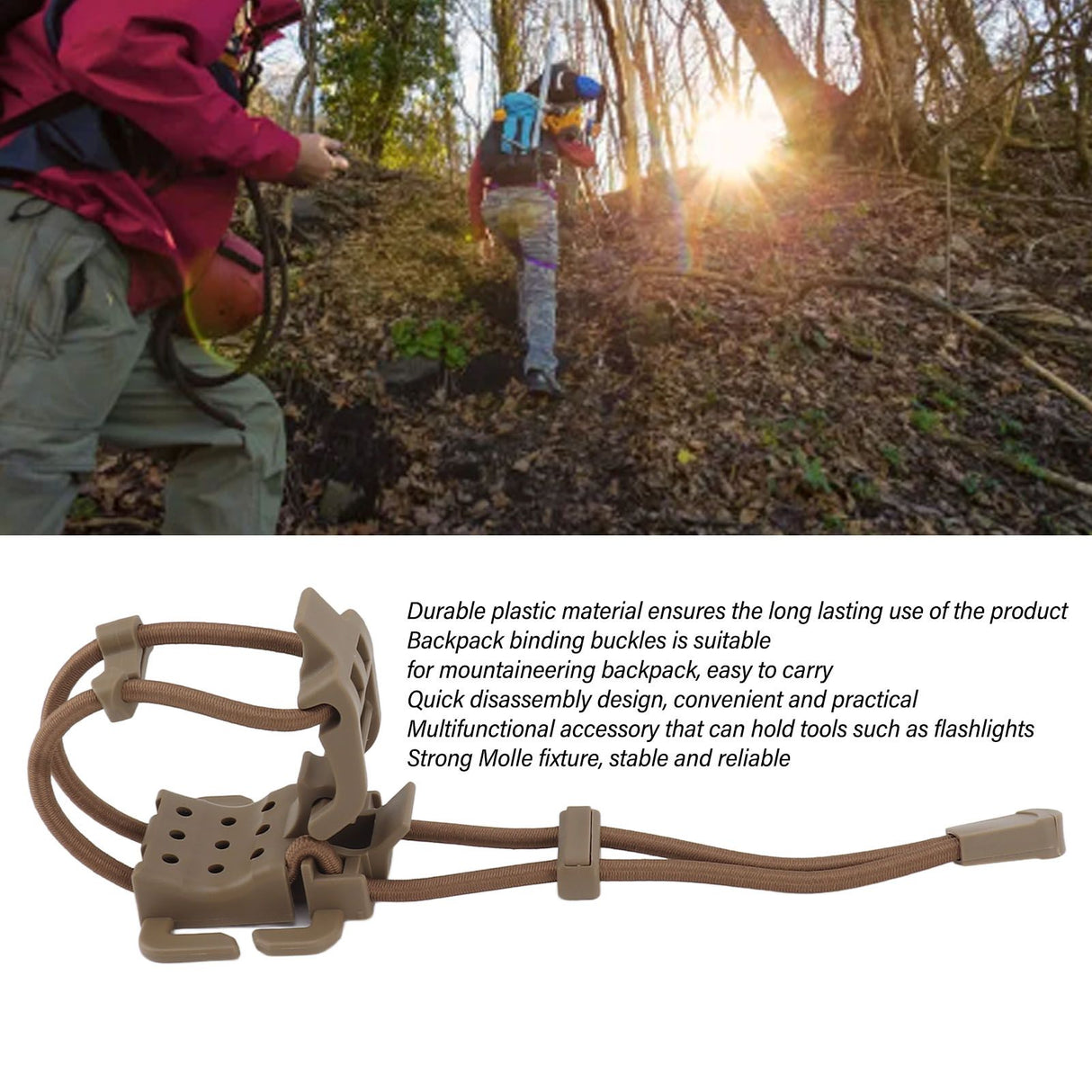 2Pcs Backpack Binding Clip MOLLE Gear Organizer Fastener Elastic Binding Buckle Carabiner Clip Bags Clasp Cord Fix Gear Elastic Strap Khaki