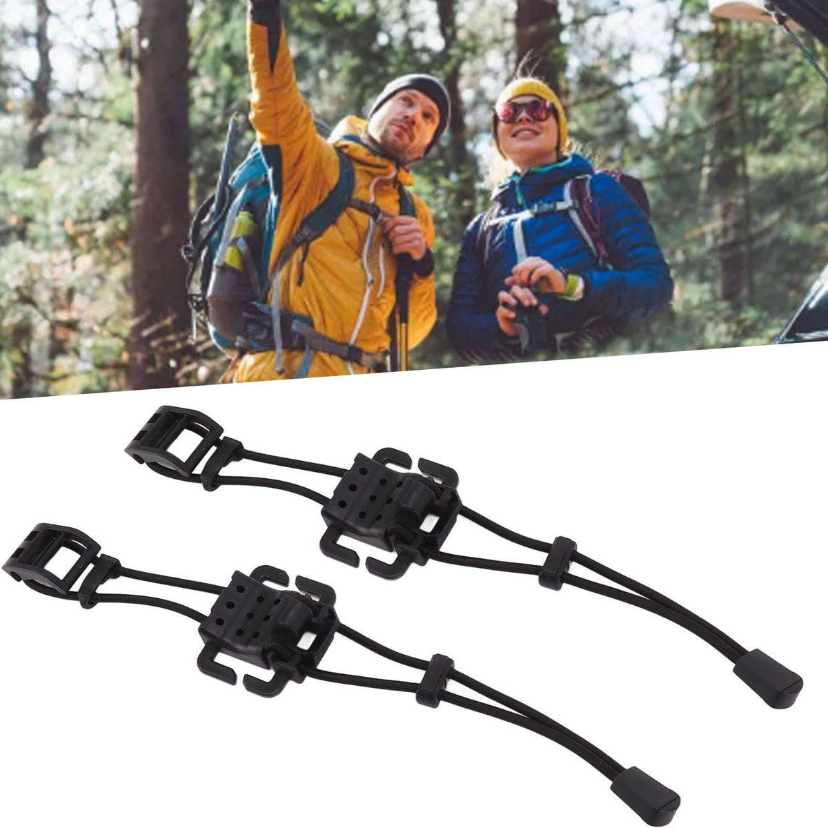 2Pcs Backpack Binding Clip MOLLE Gear Organizer Fastener Elastic Binding Buckle Carabiner Clip Bags Clasp Cord Fix Gear Elastic Strap Black