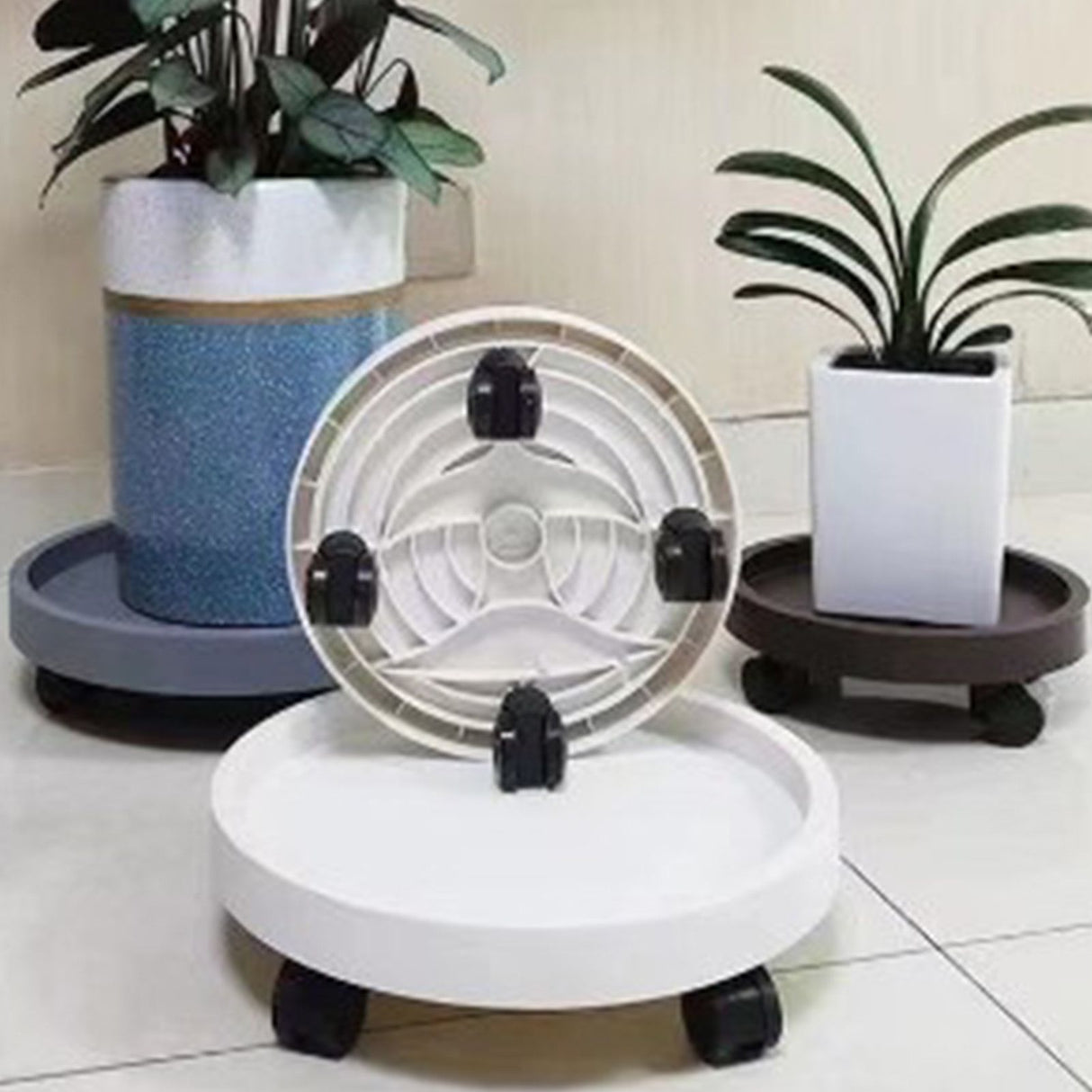 Flower Pot Tray Wheels Round Shape Removable Rotating Wheels Plant Stand for Balcony White 30