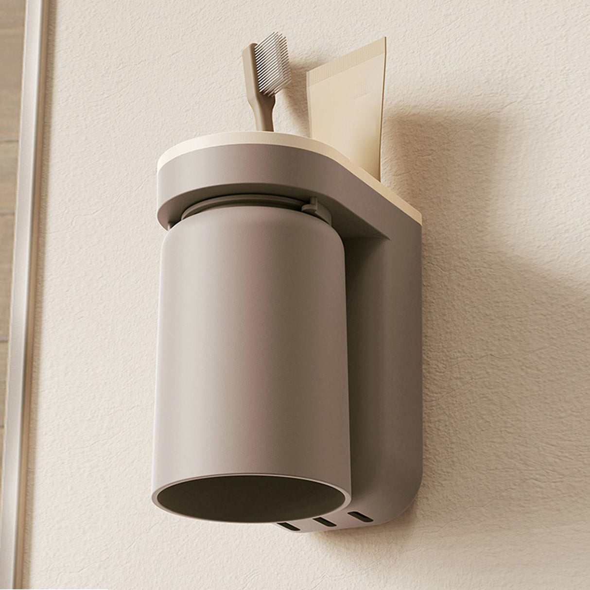 Wall Mounted Toothbrush Holder with Drainage Function Self Adhesive Toothbrush Holder with Cups for Bathroom Caramel Brown