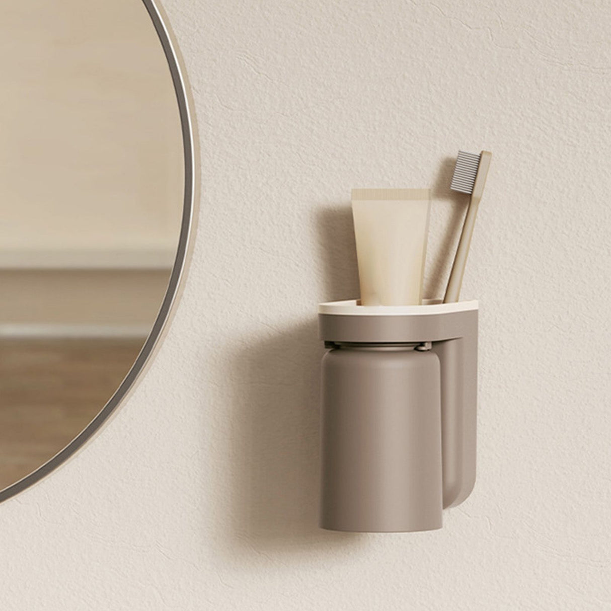 Wall Mounted Toothbrush Holder with Drainage Function Self Adhesive Toothbrush Holder with Cups for Bathroom Caramel Brown