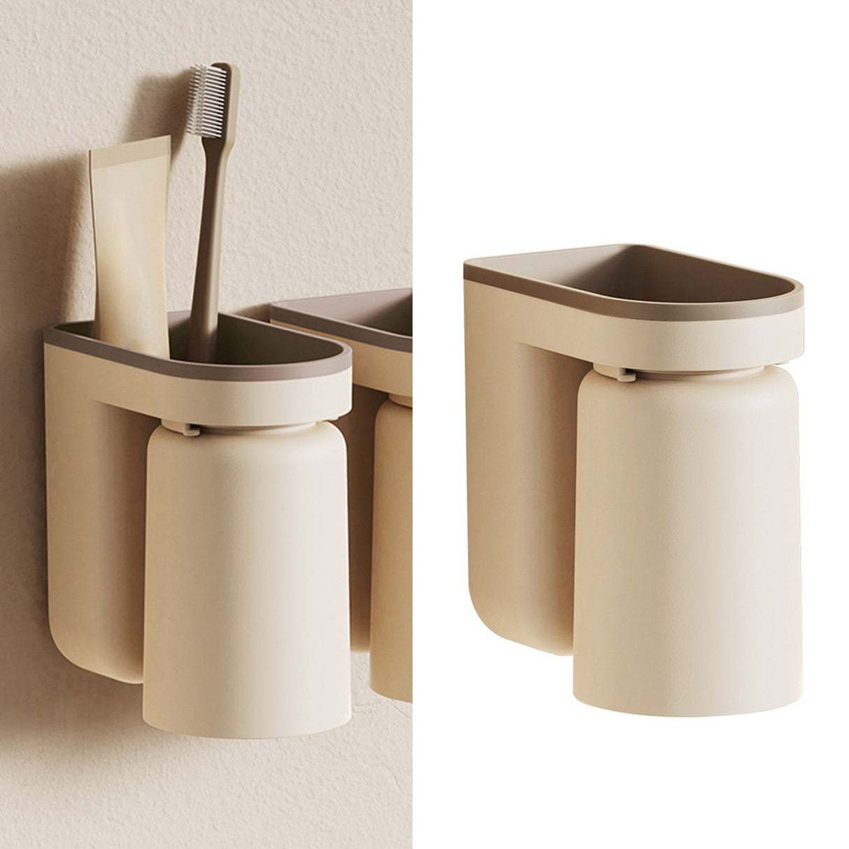 Wall Mounted Toothbrush Holder with Drainage Function Self Adhesive Toothbrush Holder with Cups for Bathroom Beige