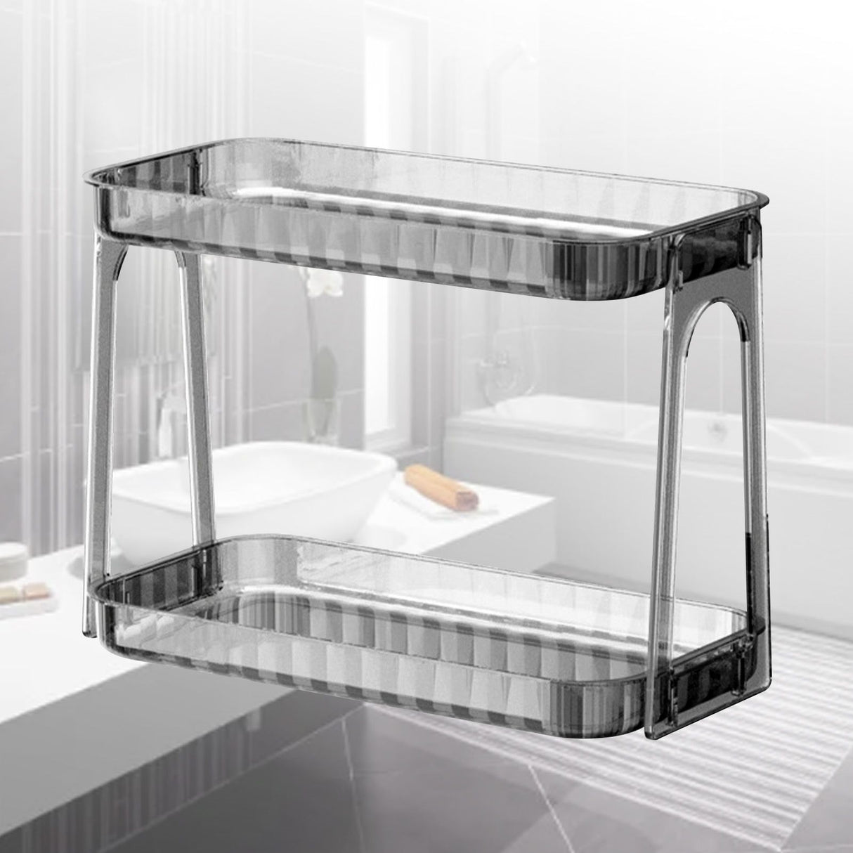 Cosmetic Storage Rack Double Layer Clear Detachable Modern Countertop Cosmetic Organizer for Dressing Table Smoke Gray
