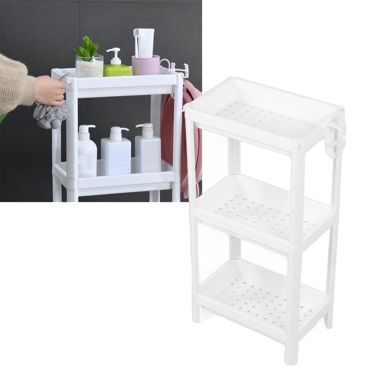 Bathroom Tower Shelf Plastic Freestanding Storage Rack Organizer Multifunctional Shelving Unit for Living Room Bedroom Kitchen White 3 Layers