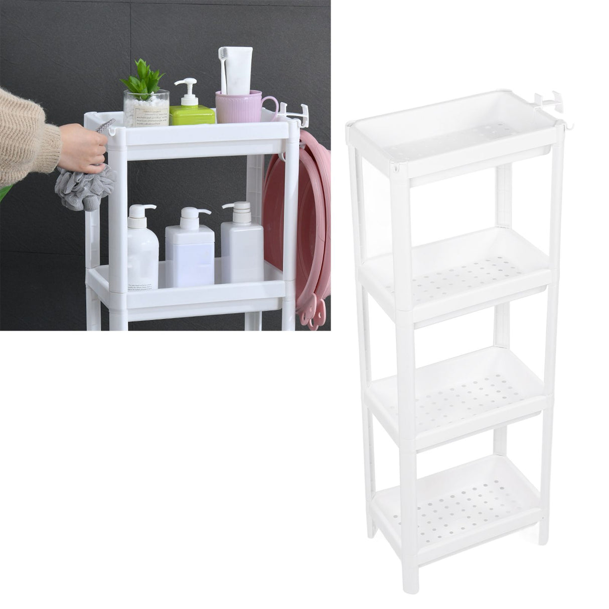 Bathroom Tower Shelf Plastic Freestanding Storage Rack Organizer Multifunctional Shelving Unit for Living Room Bedroom Kitchen White 4 Layers