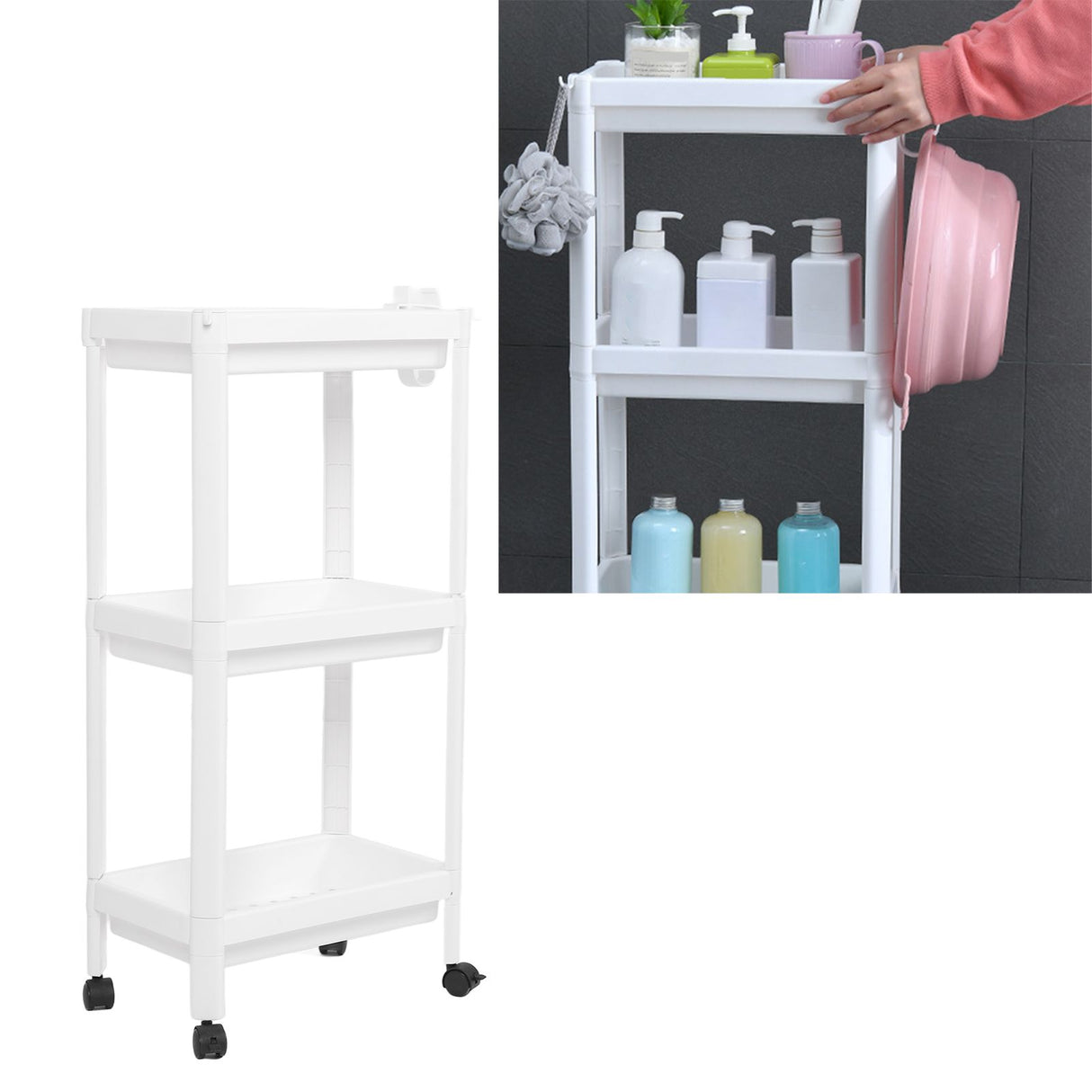 Bathroom Tower Shelf Plastic Freestanding Storage Rack Organizer Multifunctional Shelving Unit for Living Room Bedroom Kitchen White 3 Layers (with Wheel)