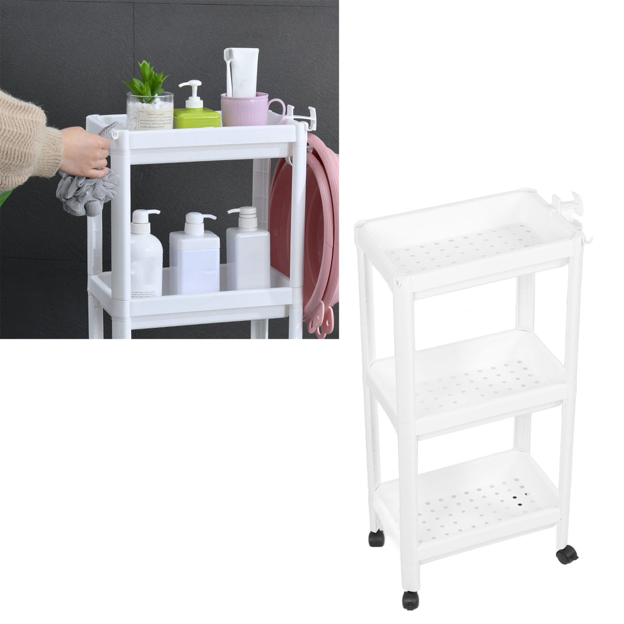 Bathroom Tower Shelf Plastic Freestanding Storage Rack Organizer Multifunctional Shelving Unit for Living Room Bedroom Kitchen White 3 Layers (with Wheel)