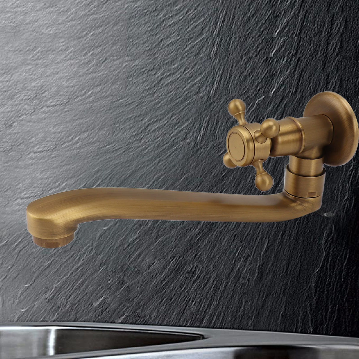 Antique Garden Faucet with Extended Spout Antifreezing Copper Wall Mount Single Cold Water Tap for Washing Round Spout