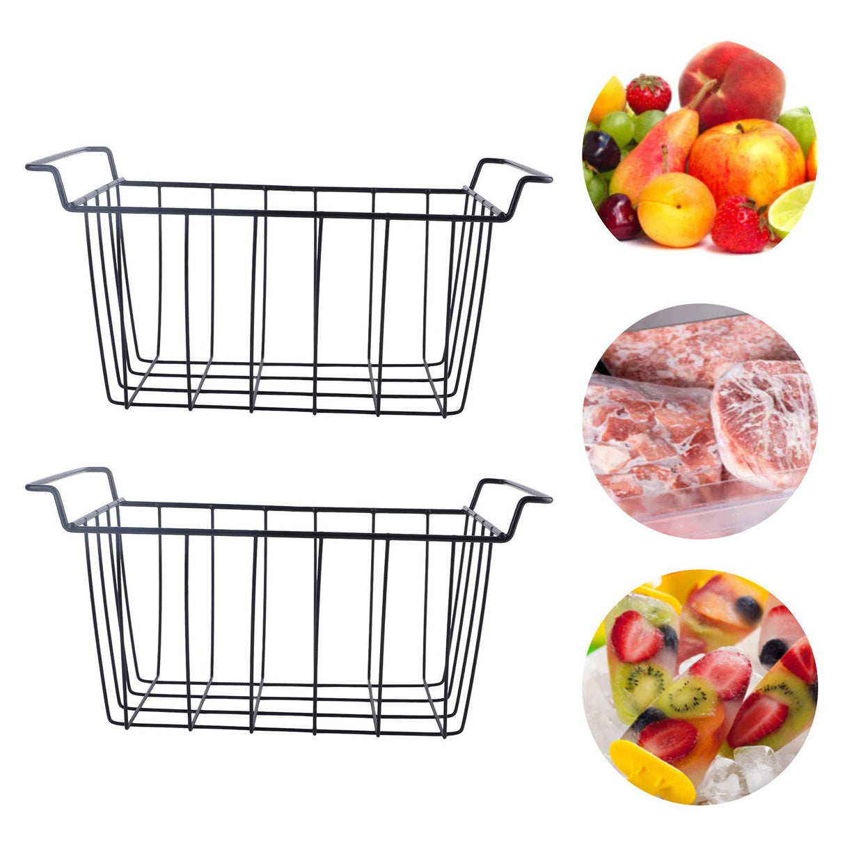 2 Pcs Freezer Wire Storage Basket PE Coated Hanging Rack Organizer Bin Black for Refrigerator Shelves L 39cm X W 20cm X H 20cm