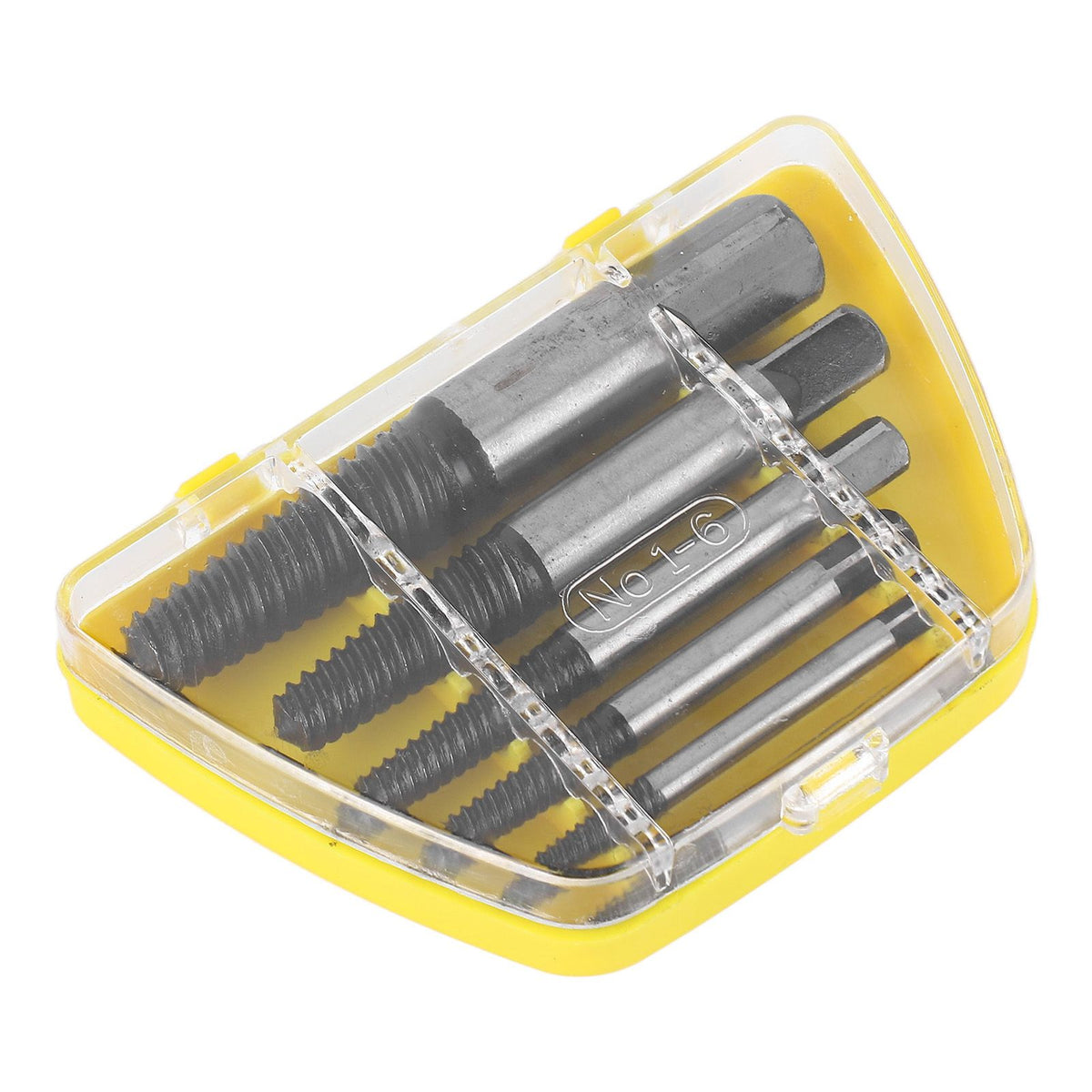 6 Pcs Damaged Screw Extractor with Yellow Storage Box Steel Stripped Bolt Remover for Home Repairs Automotive Mechanical Repairs