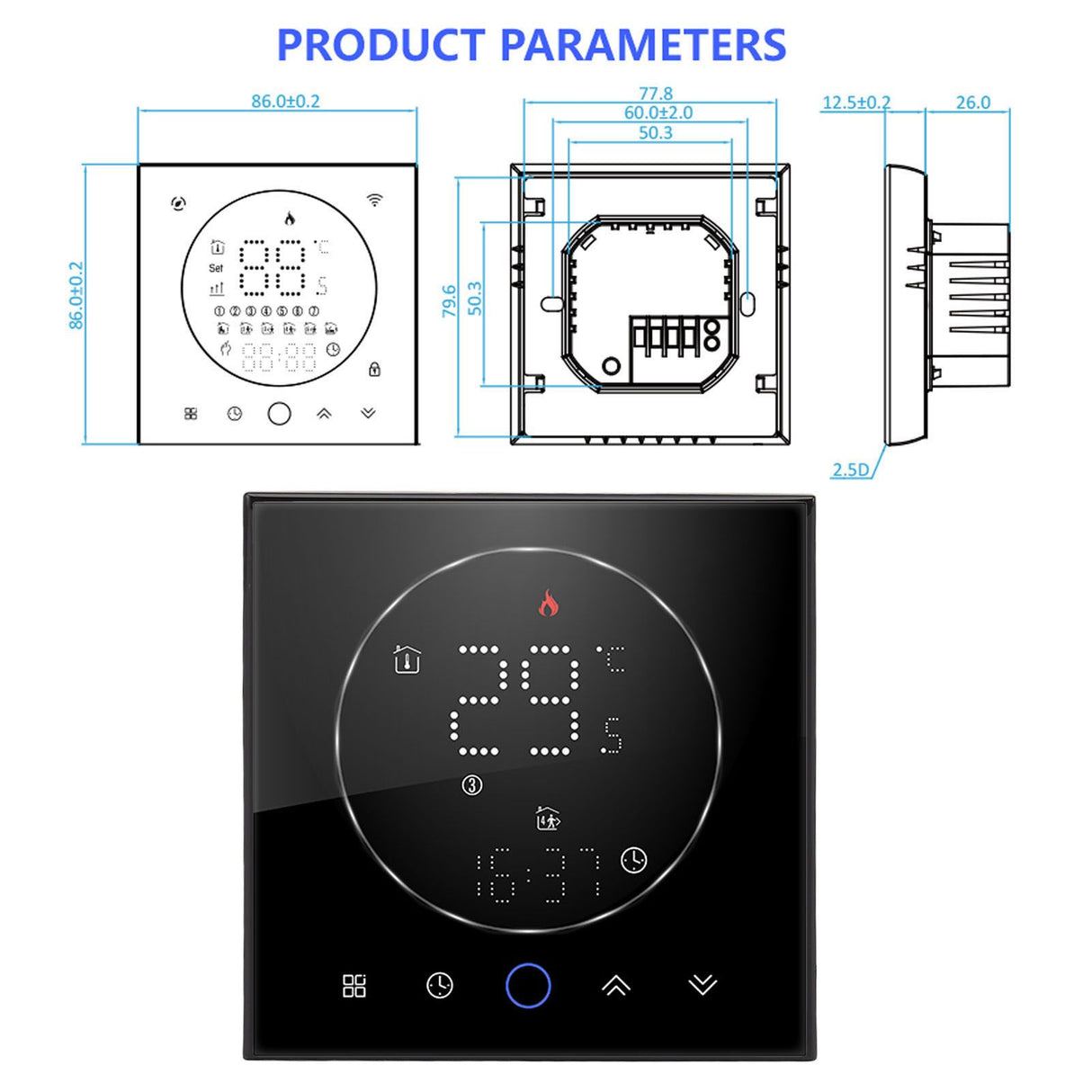 Wireless Smart Thermostat for Home Accurate Programmable Thermostat Wall Mounted Boiler Thermostat AC95‑240V Square Black