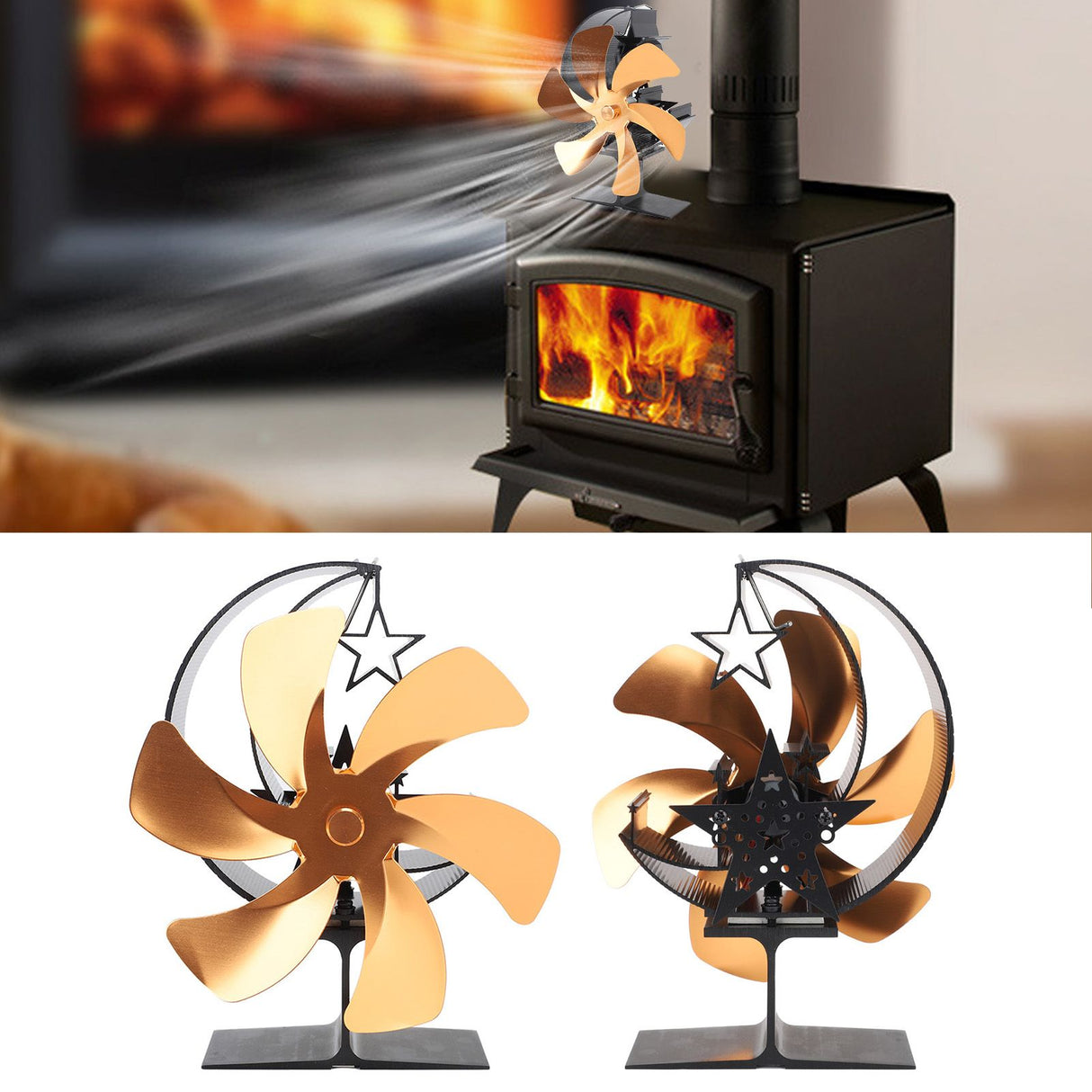 Stove Fan 6 Blades Fireplace Fan Heat Powered Fast Wind Circulation Half Moon Pattern Thermoeletric Fan for Log Burner Gold