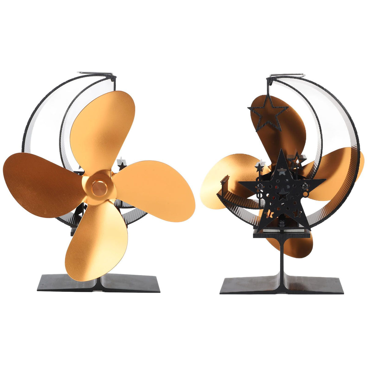 Wood Stove Fan 4 Blades Fireplace Fan Heat Powered Fast Warm Circulation Moon Star Pattern Termal Fan for Camping Outdoor Gold