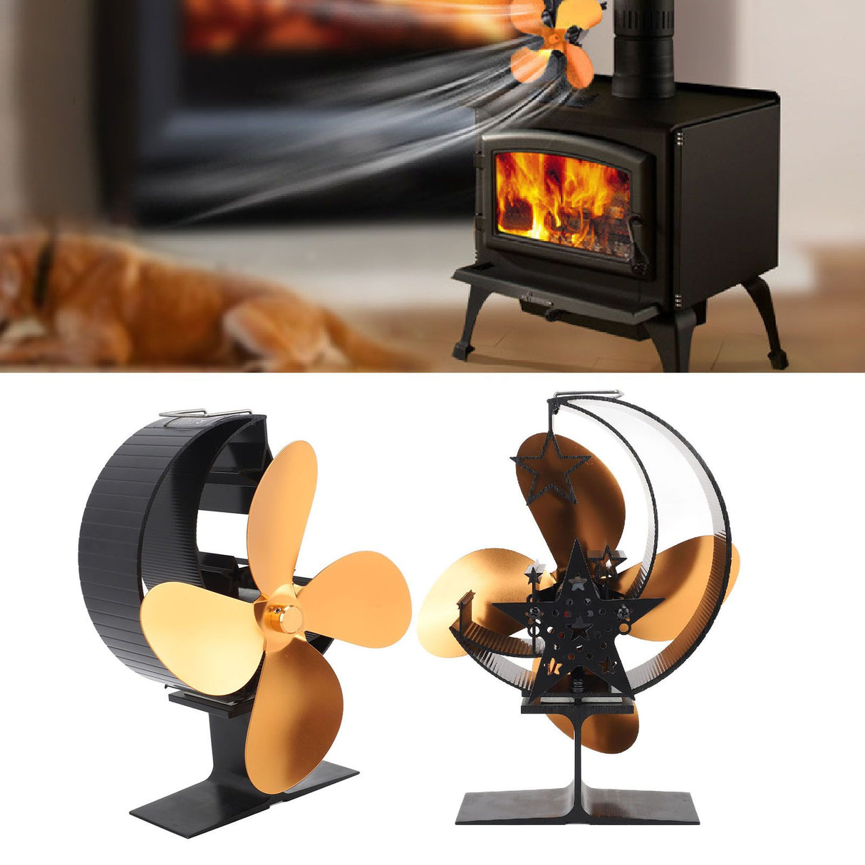 Wood Stove Fan 4 Blades Fireplace Fan Heat Powered Fast Warm Circulation Moon Star Pattern Termal Fan for Camping Outdoor Gold