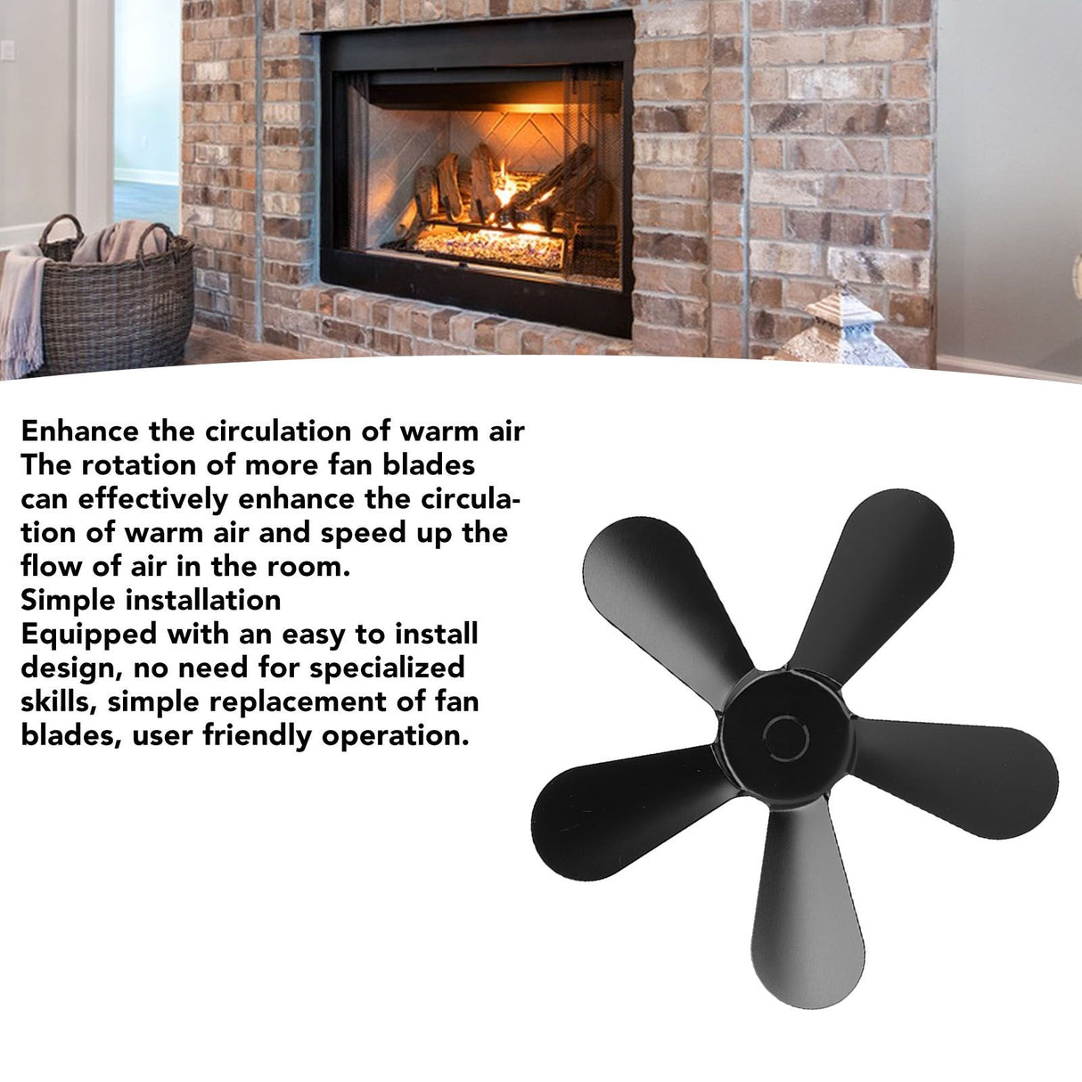 5 Blades Stove Fan Blade Aluminium Alloy Heat Powered Stove Fan Blades Replacement for Fireplace Fan Black