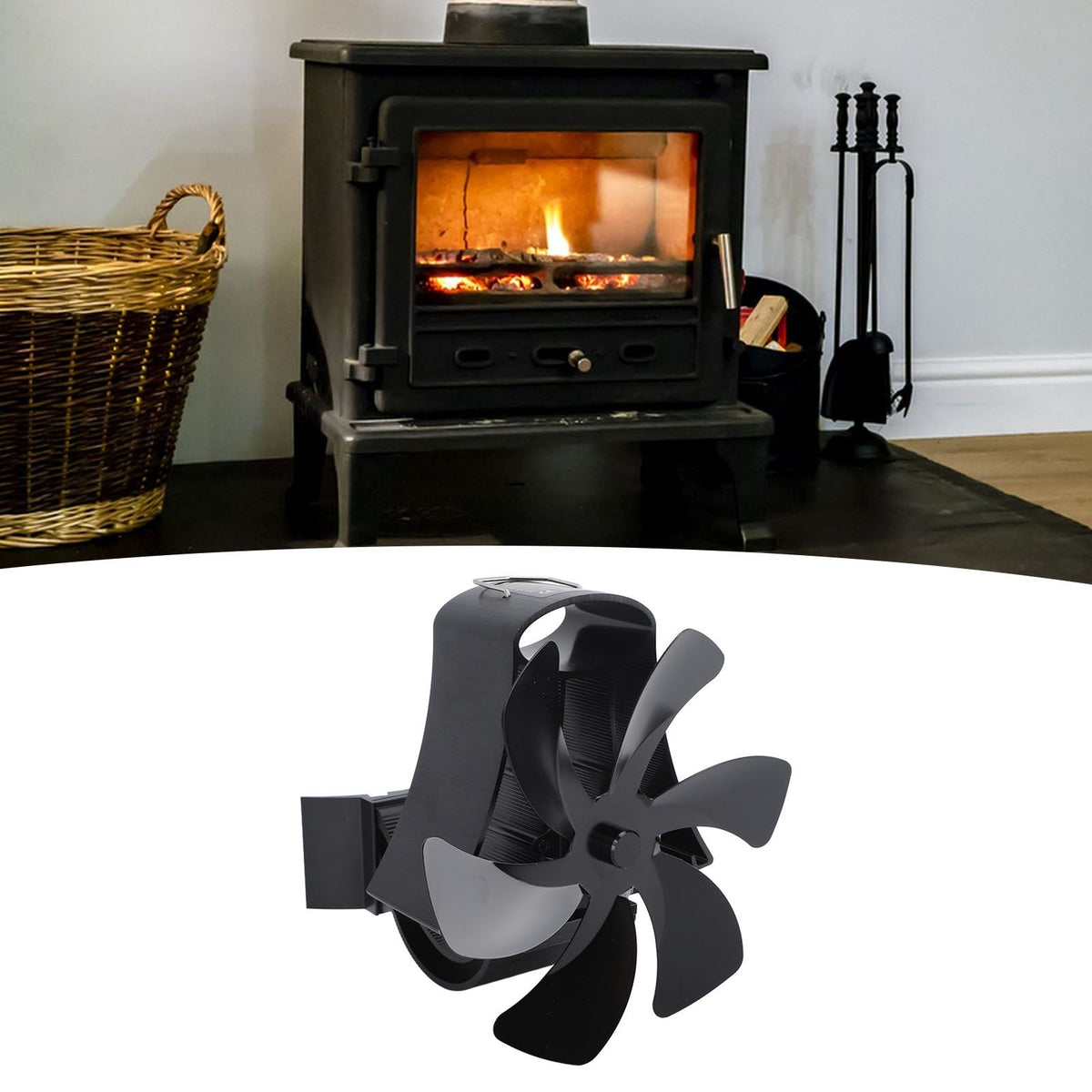 6 Blade Magnet Wall Mount Heat Powered Stove Fan Pipe Fireplace Fan Magnetic Installation for Wood Log Burners Black