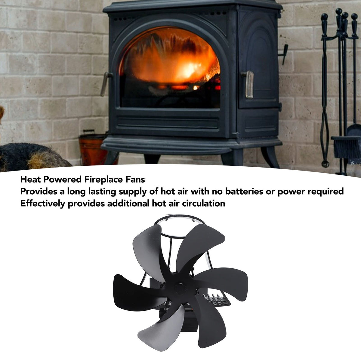 6 Blade Magnet Wall Mount Heat Powered Stove Fan Pipe Fireplace Fan Magnetic Installation for Wood Log Burners Black