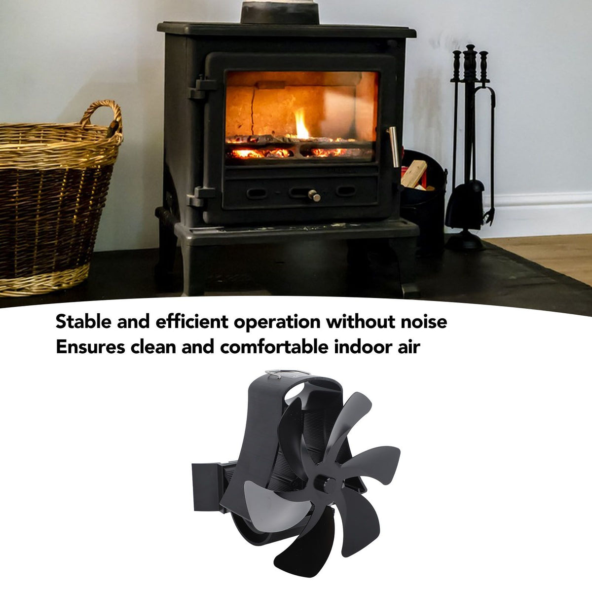 6 Blade Magnet Wall Mount Heat Powered Stove Fan Pipe Fireplace Fan Magnetic Installation for Wood Log Burners Black
