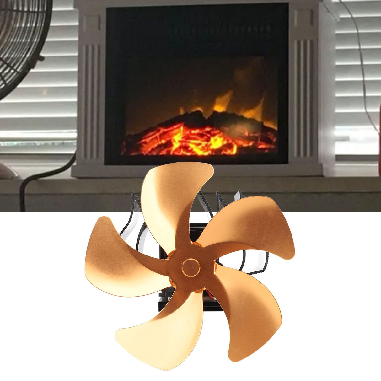 5 Blade Heat Powered Stove Fan Aluminum Alloy Noiseless Wall Hanging Thermal Powered Fireplace Fan for Wood Burning Stove Kerosene Stove Gold