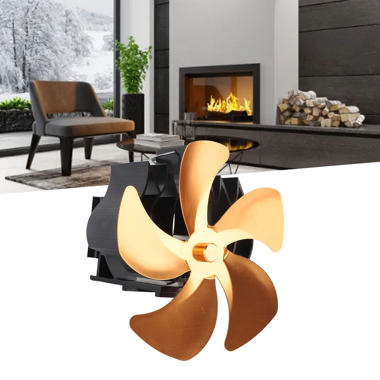 5 Blade Heat Powered Stove Fan Aluminum Alloy Noiseless Wall Hanging Thermal Powered Fireplace Fan for Wood Burning Stove Kerosene Stove Gold