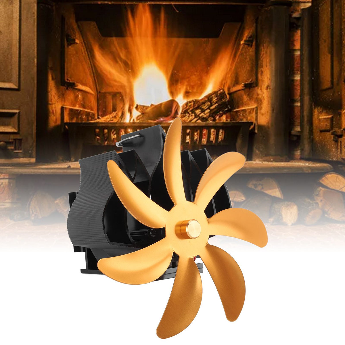 Wood Stove Fan 7 Blade Aluminum Alloy Low Noise Wall Hanging Heat Powered Stove Fan with Fixing Loop for Home Log Burning Stove Camping Gold