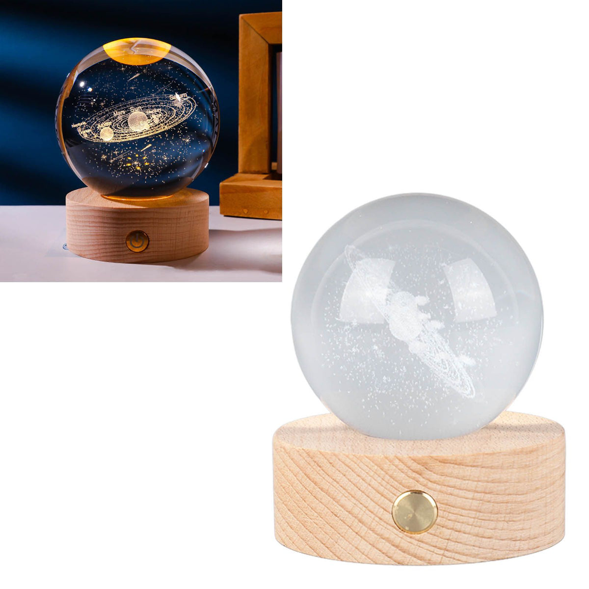 6cm 3D Crystal Ball Luminous Clear Sculpture Round Astronomy Ball Miniature Sculpture Ball Night Light Solar System Crystal Ball