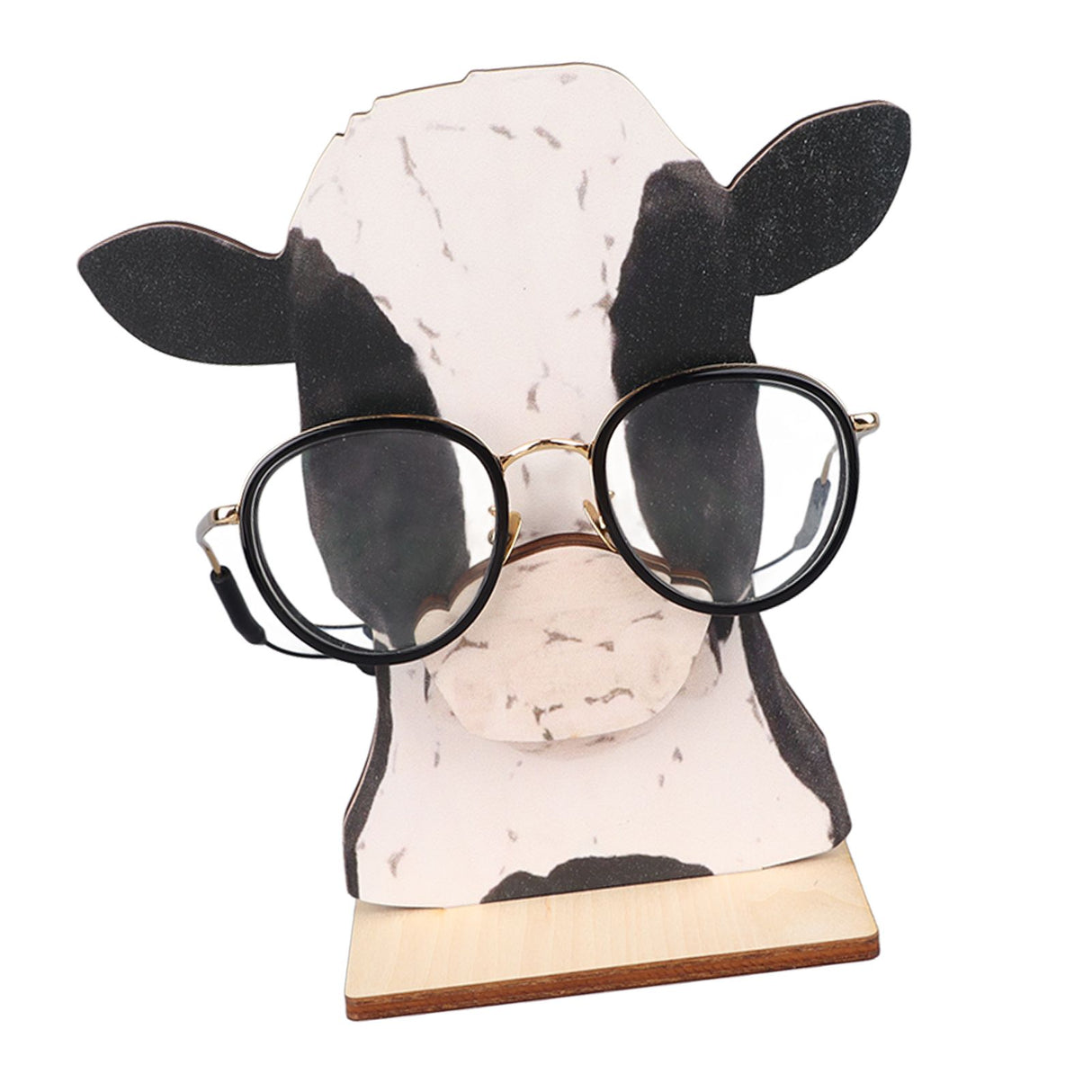 Cow Head Wearing Glasses Statues Wooden Decorative Cow Eyeglasses Display Stand Holder for Desktop Office