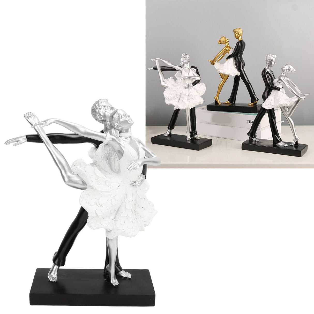 Couple Dancing Sculpture Modern Simple Innovative Resin Hand Crafted Couple Dancing Abstract Statue Silver Ballet Dance for Two People